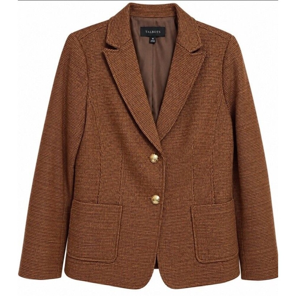 Talbots Women’s Blazer Size 10 Brown Houndstooth Wool Blend Gold Buttons